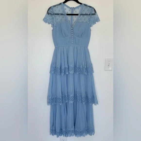 self portrait blue chiffon tiered midi dress Self-Portrait Blue Floral Tiered Midi Dress